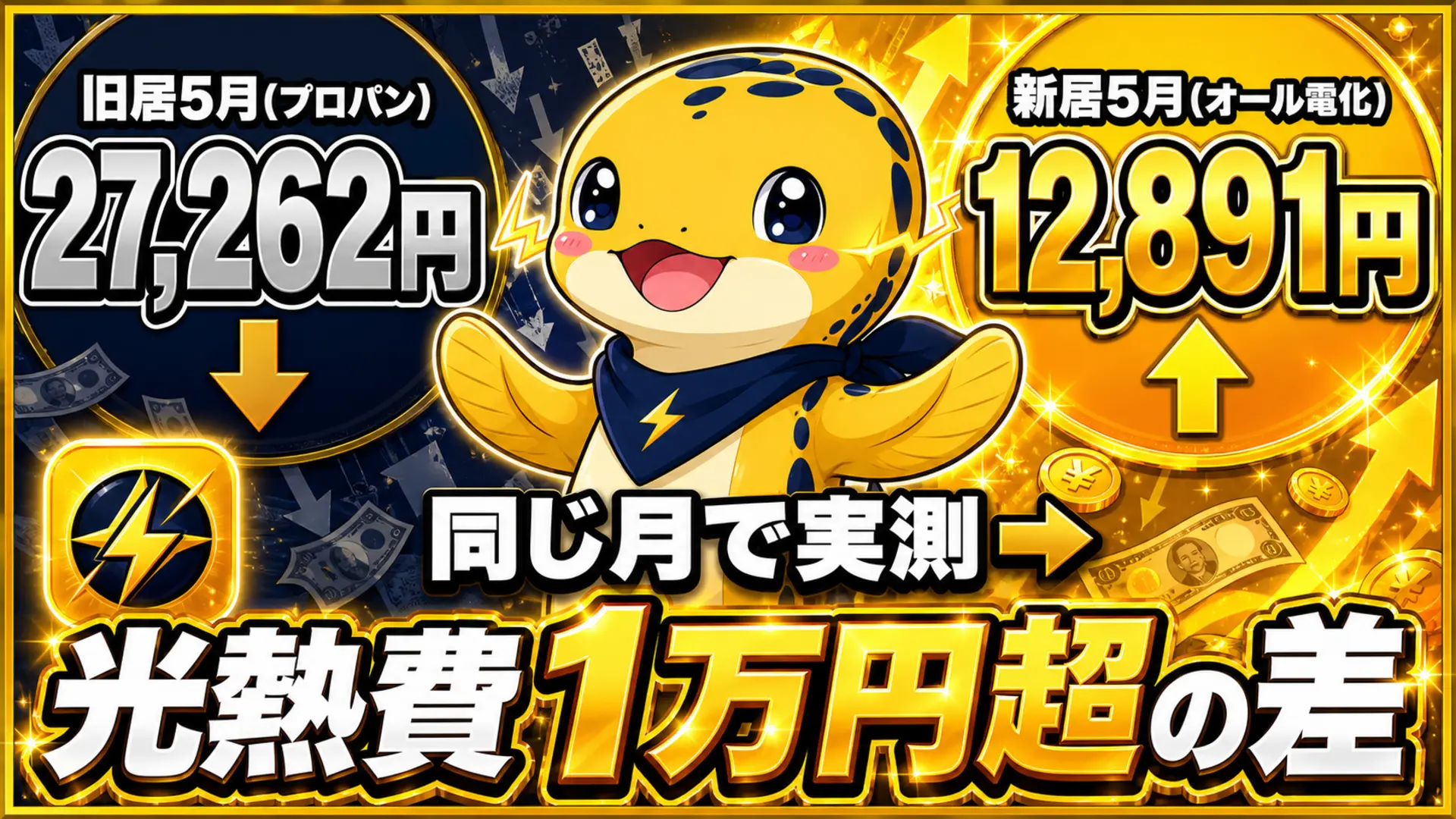 同じ5月の光熱費を旧居のプロパンガス併用27,262円と新居のオール電化12,891円で比較し、1万円以上の差があることを示す数字