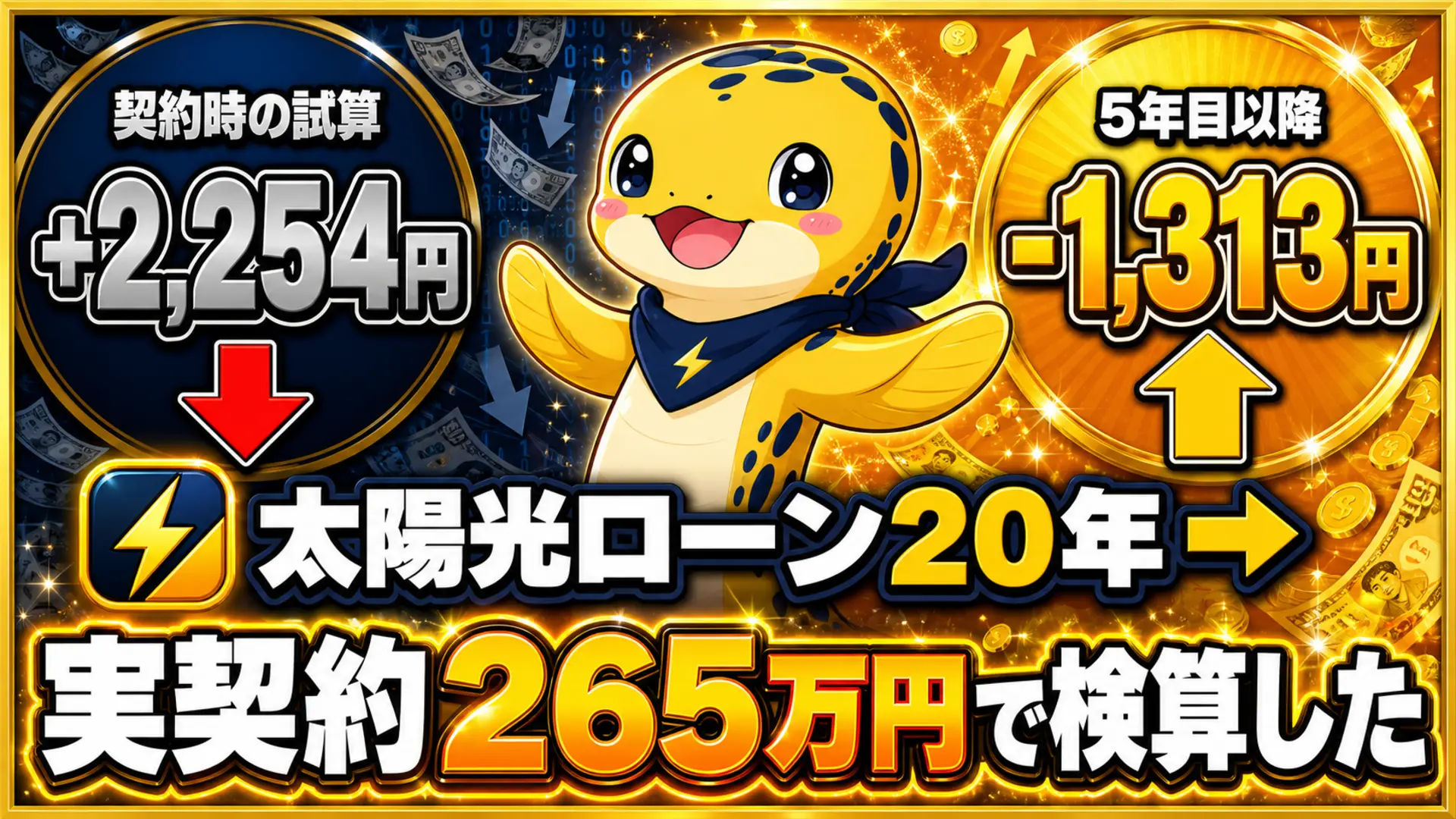 太陽光ローン20年、契約時は月2,254円の黒字だったが5年目以降は月1,313円の持ち出しに転じることを示す比較