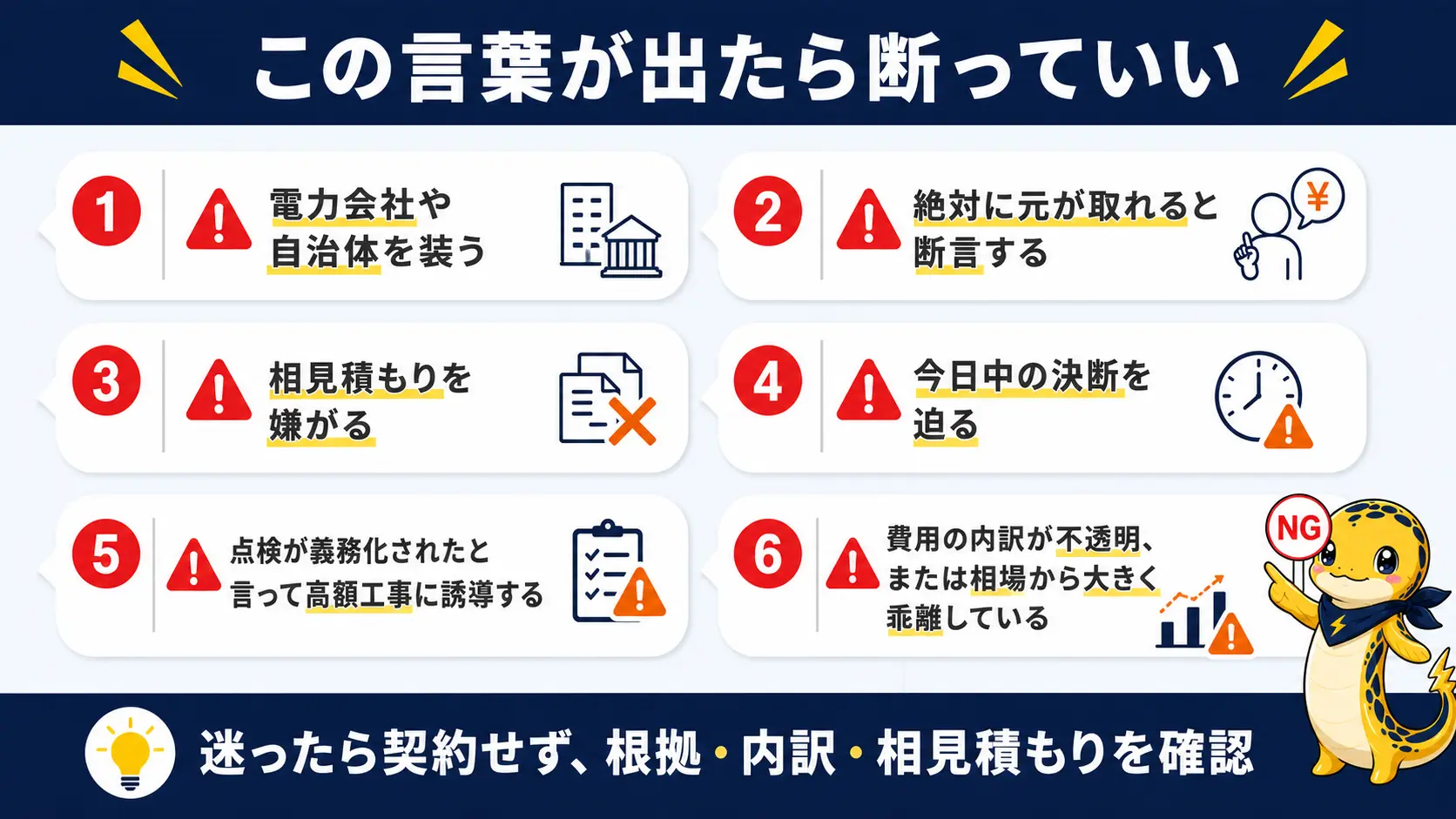 太陽光発電の訪問営業でこの言葉が出たら断っていいという悪徳業者のセリフを集めた一覧図。電力会社や自治体を装う、絶対に元が取れると断言する、相見積もりを嫌がる、今日中の決断を迫る、点検が義務化されたと言って高額工事に誘導する、費用の内訳が不透明という6項目を警告アイコン付きで示す
