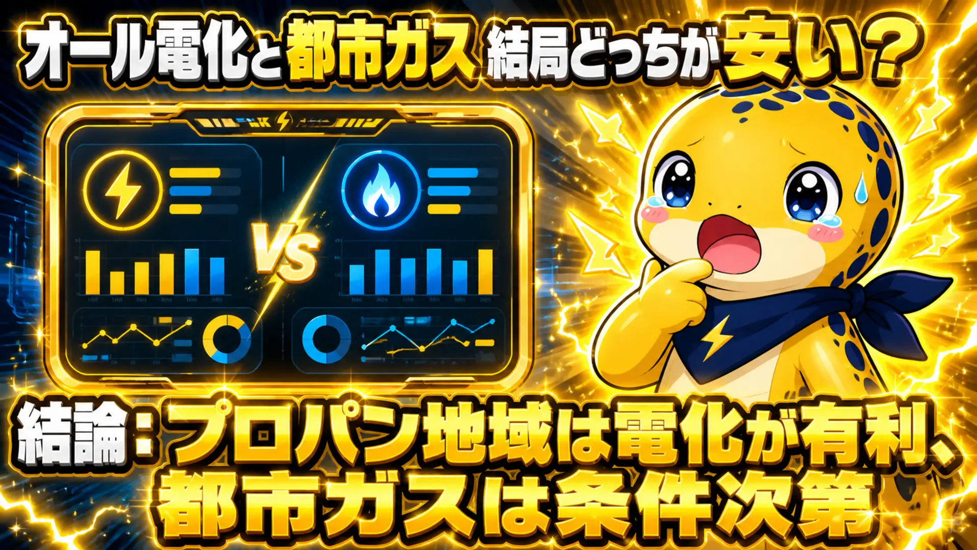 オール電化と都市ガスどちらが安いかを問いかけ、地域と条件で結論が変わることを示す図