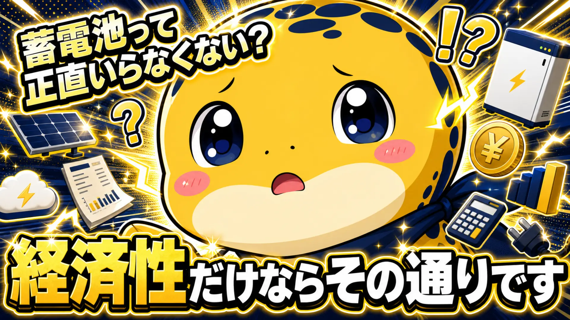 蓄電池は正直いらないのではと疑う表情のキャラクターと、経済性だけならその通りですという回答テキスト