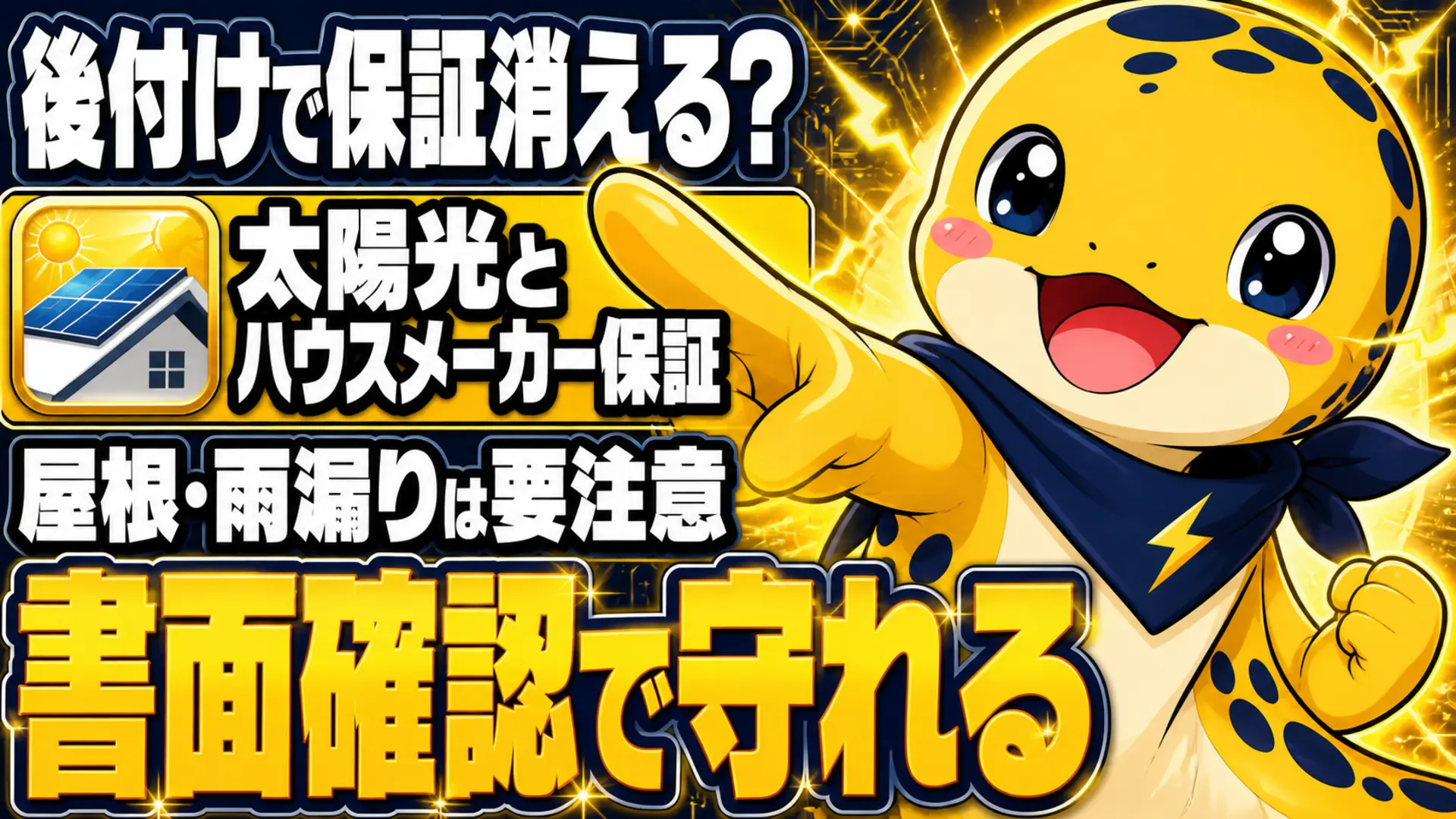 太陽光を後付けした際にハウスメーカーの住宅保証がどうなるか問いかけているイラスト