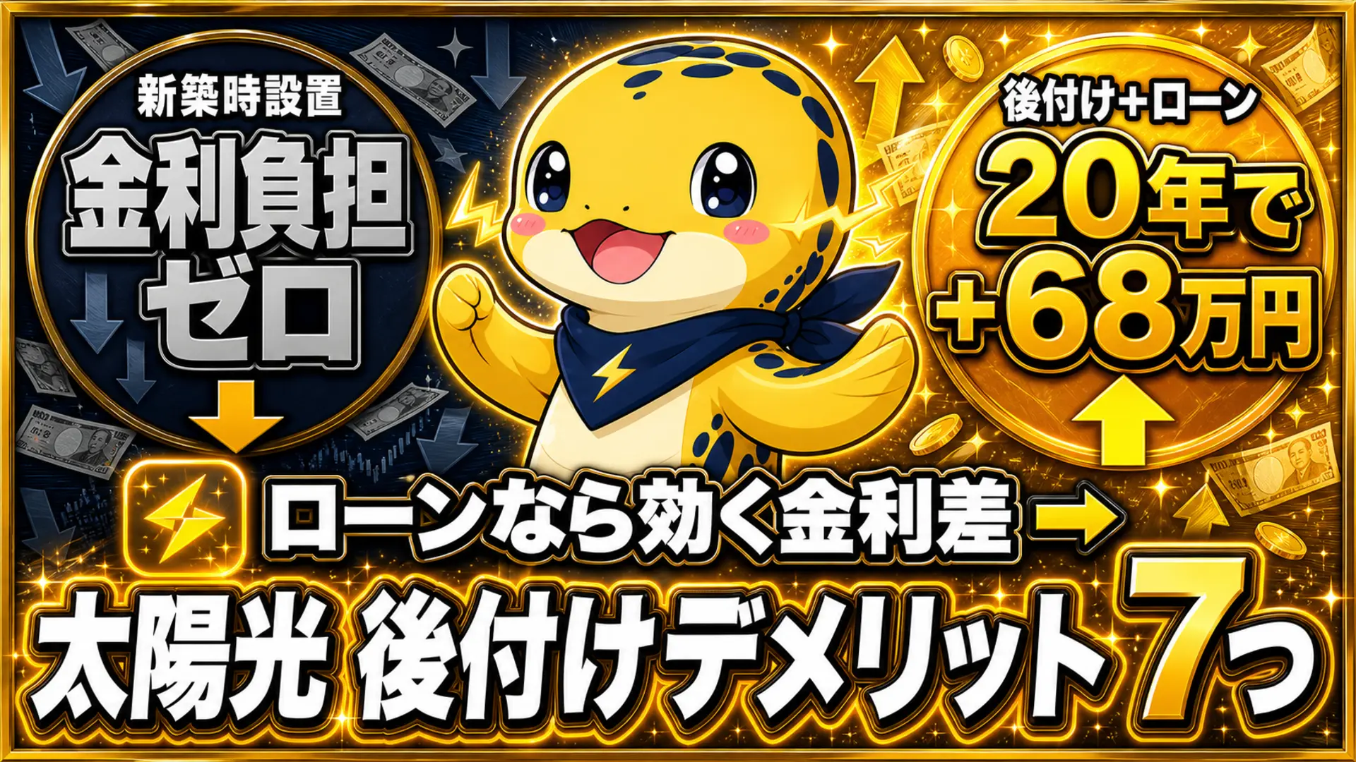 新築時に太陽光を設置した場合と後付けでソーラーローンを組んだ場合の20年間の金利差68万円を比較したイラスト