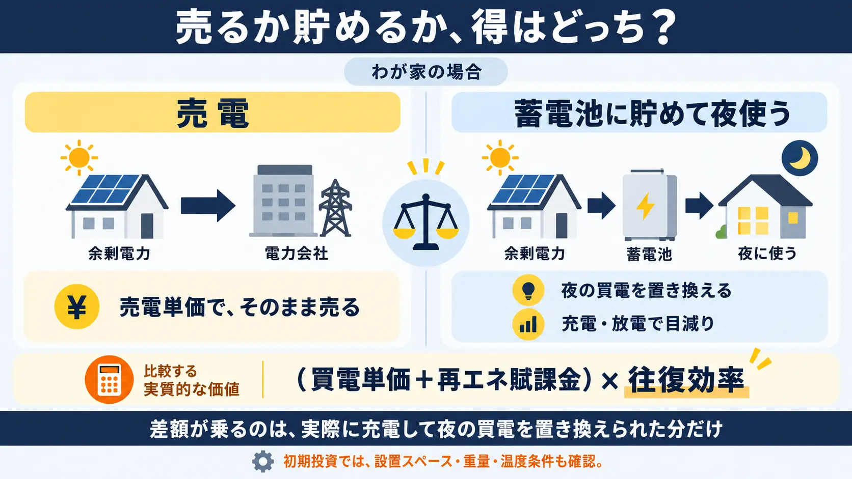 太陽光の電気を売電するか蓄電池に貯めて夜の買電を減らすか、単価の大小関係と設置コストの論点を左右対比で示した図解。