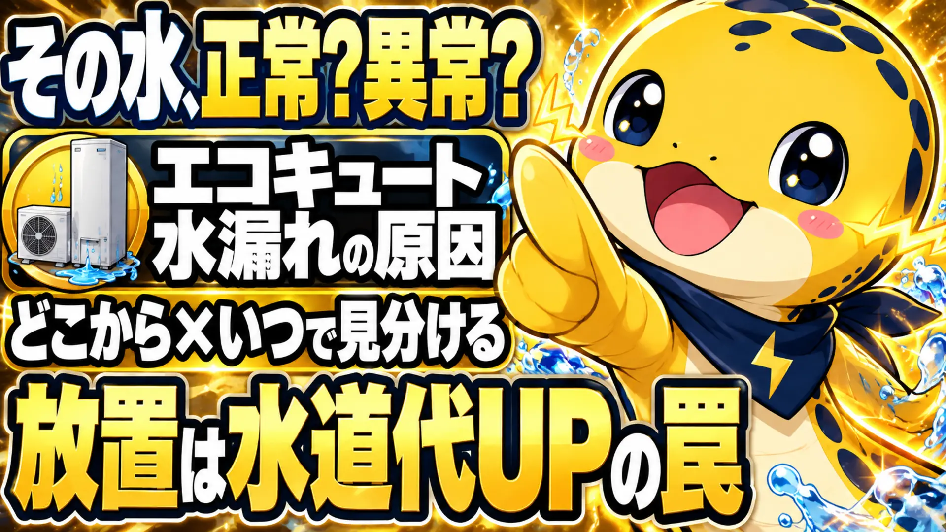 エコキュートの水漏れが正常な排水か異常かを、水が出る場所とタイミングで見分けるイメージ