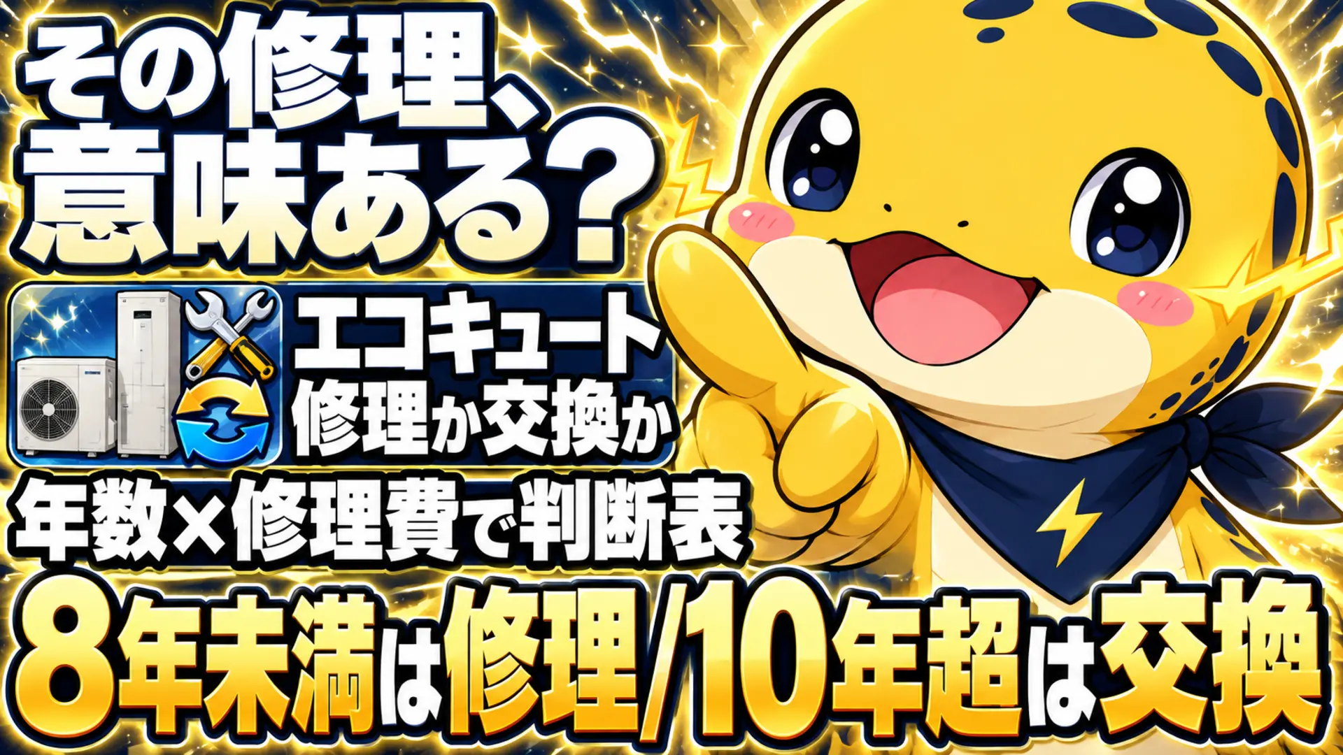 エコキュートの修理と交換、どちらを選ぶべきかを年数と修理費用で判断する表のイメージ