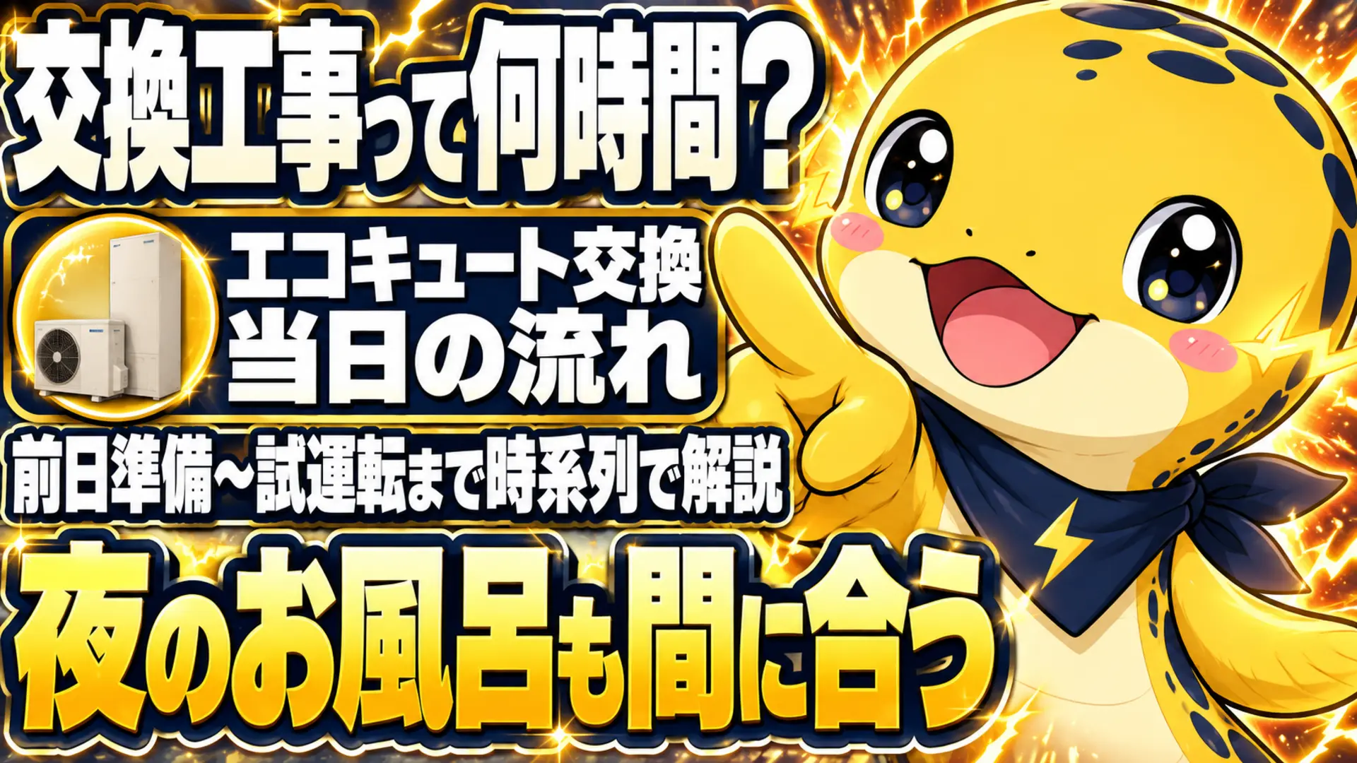 エコキュート交換工事の当日の流れ（前日準備から午前午後の作業、夜の入浴まで）を時系列で示すイメージ