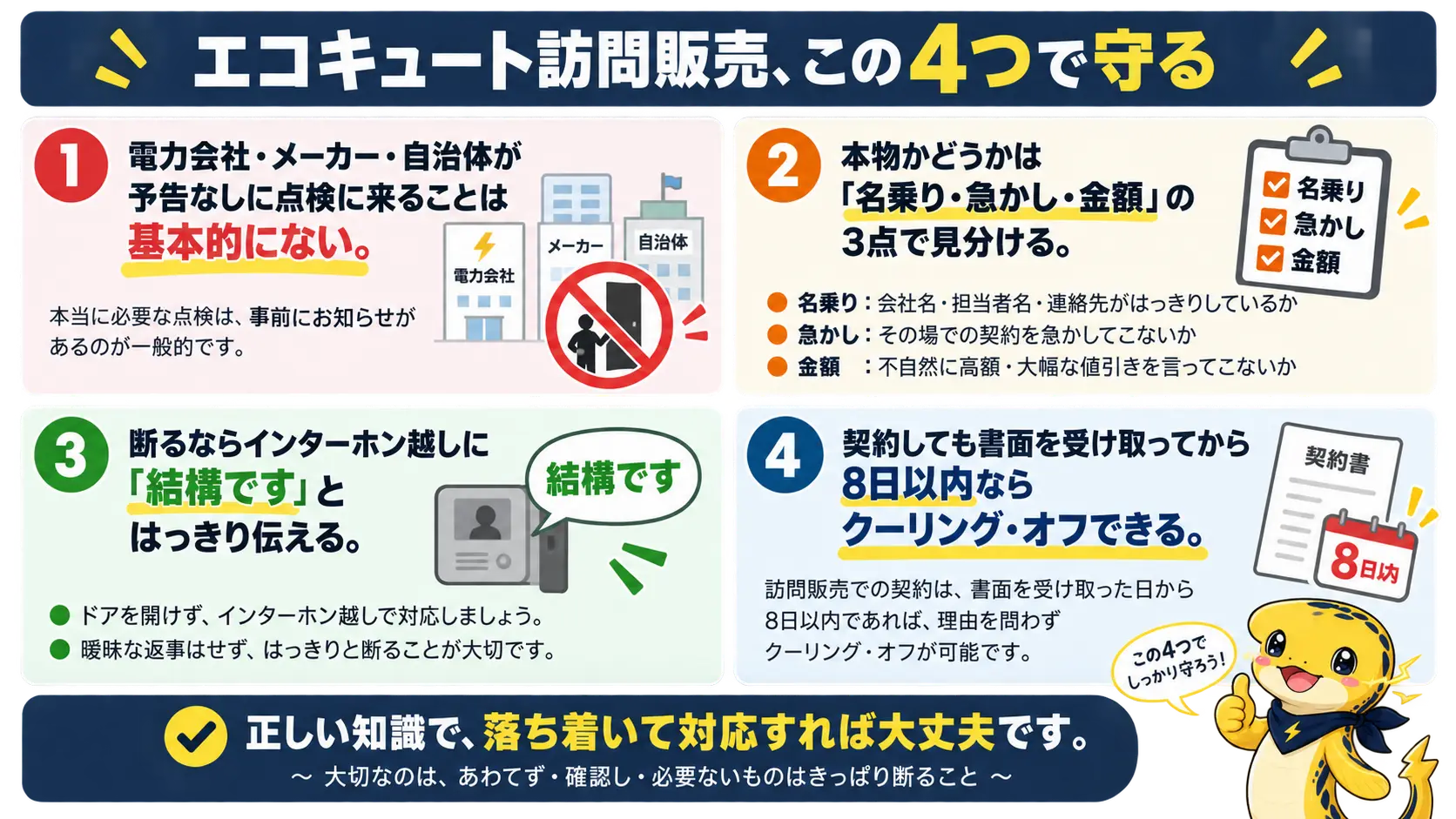 エコキュート訪問販売の手口と対処法の要点を、予告なしの点検は断ってよい・名乗り急かし金額で見分ける・8日以内ならクーリングオフできるという形でまとめた図