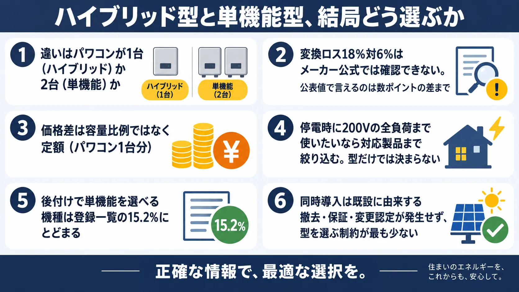 蓄電池のハイブリッド型と単機能型の違い、価格差、停電時の使い勝手、後付けの選び方など記事全体の要点を1枚にまとめた図