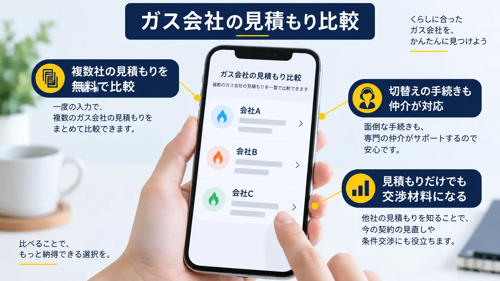 スマートフォンで複数のガス会社の見積もりを一覧にして比較している手元のイメージ