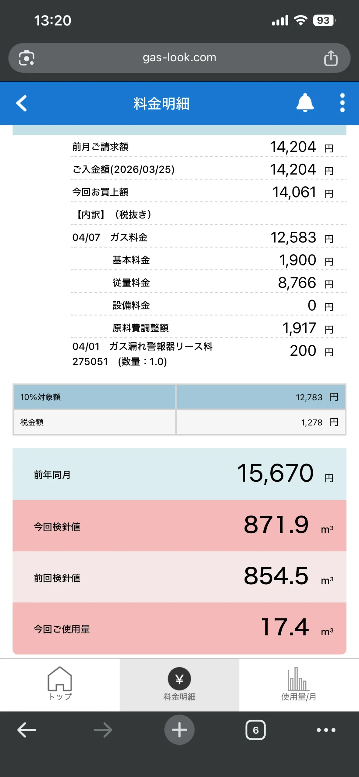 筆者の旧居・賃貸アパートのプロパンガス料金明細アプリの実際の画面。今回お買上額14,061円の内訳として、基本料金1,900円・従量料金8,766円・設備料金0円・原料費調整額1,917円が並び、別行にガス漏れ警報器リース料200円が記載されている