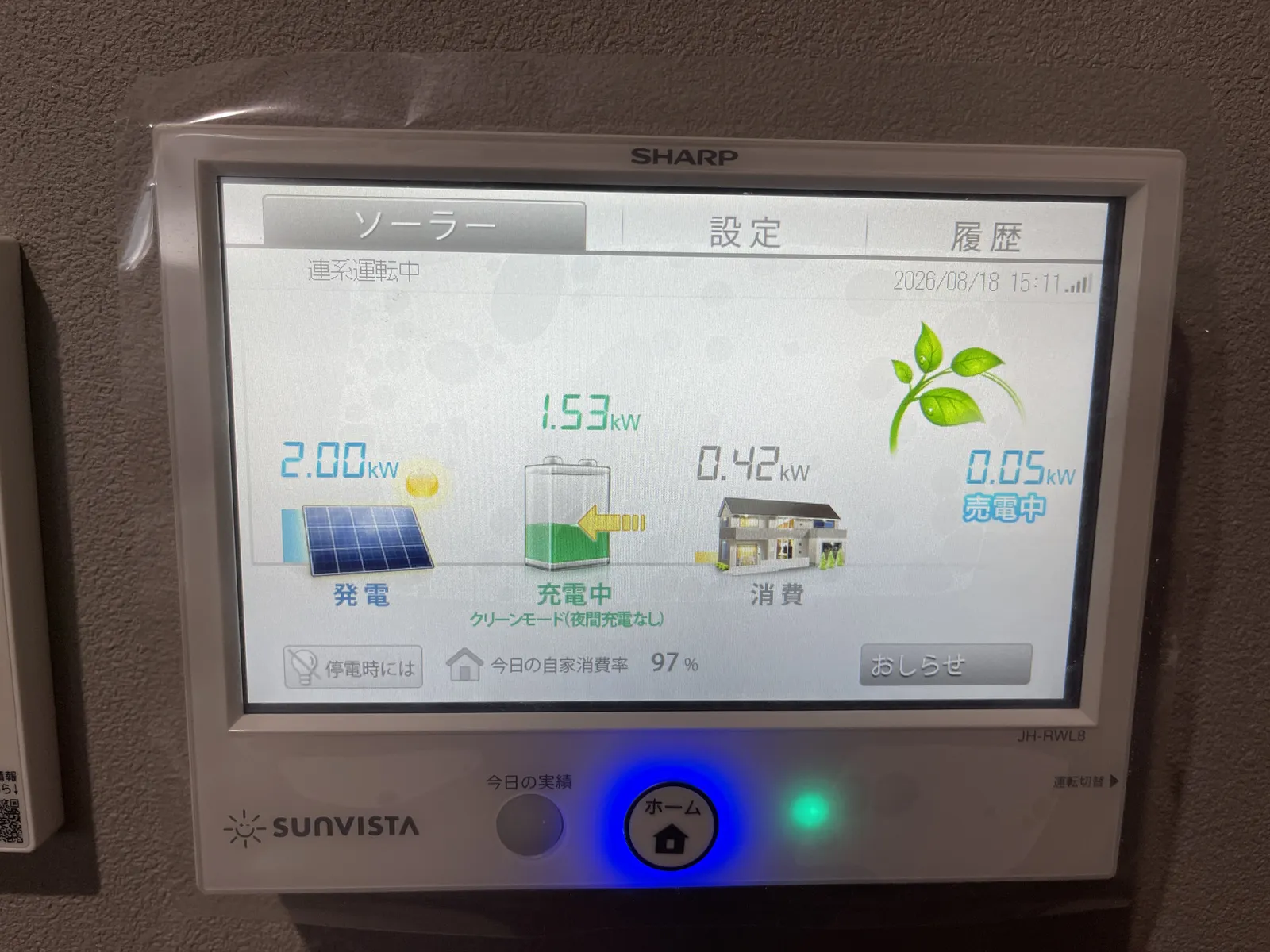 設置初日にSHARP SUNVISTAモニタへ表示された、夜間充電なしのクリーンモードで稼働している実際の画面
