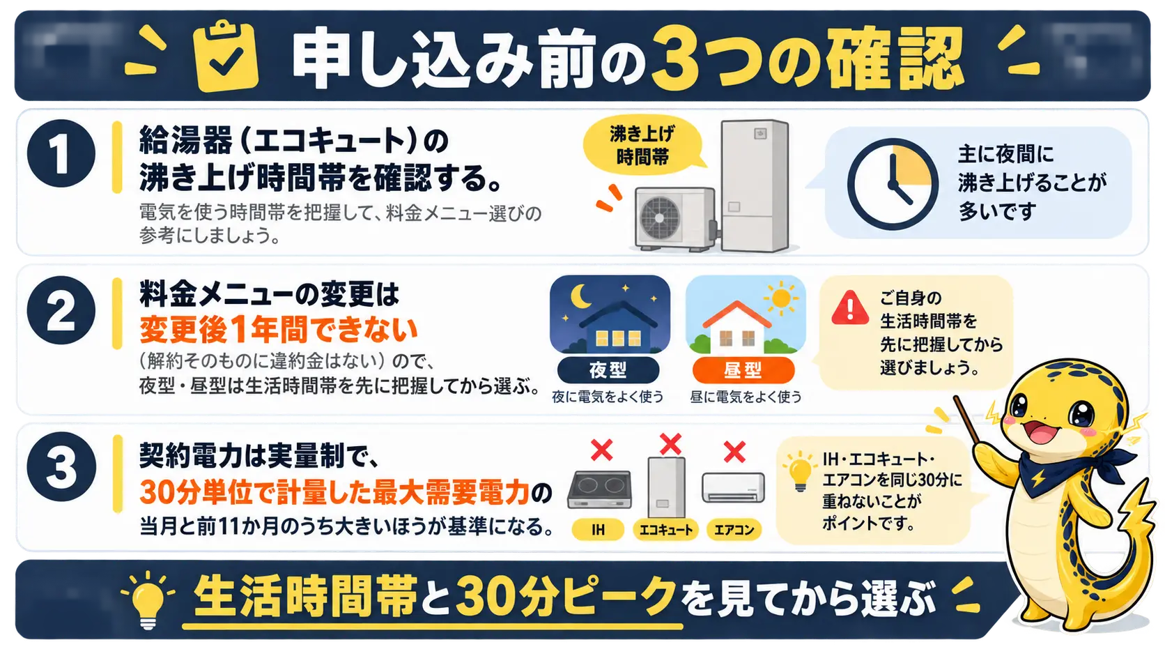 乗り換え前に確認する3項目、沸き上げ時間・1年ルール・契約電力を示すチェックリスト