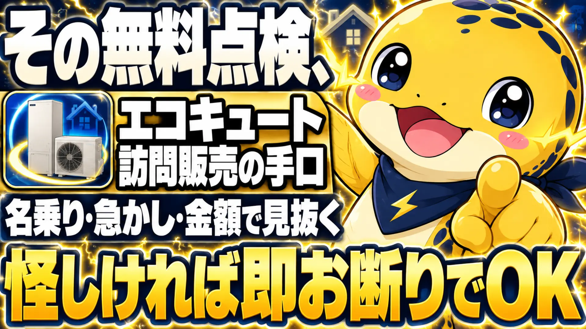エコキュート訪問販売の無料点検の手口を名乗り・急かし・金額の3点で見分けるイメージ
