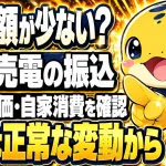 売電の振込額が少ないとき、日数・単価・自家消費を確認する流れを示す画像