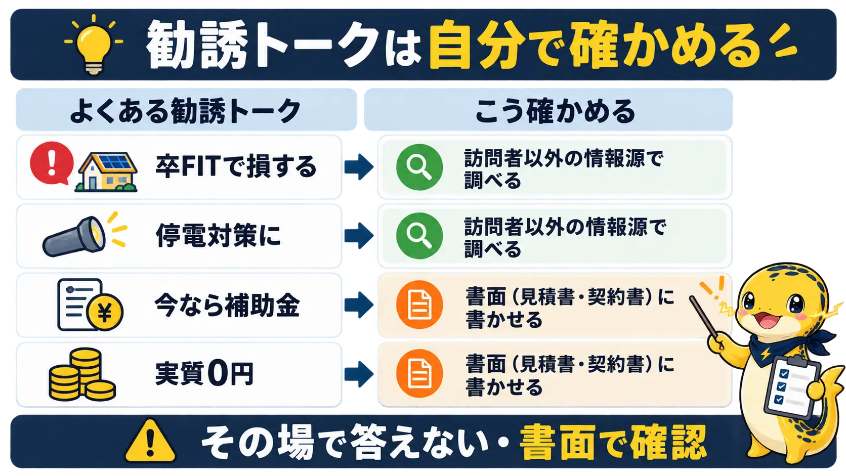 卒FIT・停電対策・補助金・実質0円の四つの勧誘トークを、訪問者以外の情報源と書面で確かめる流れを示した図