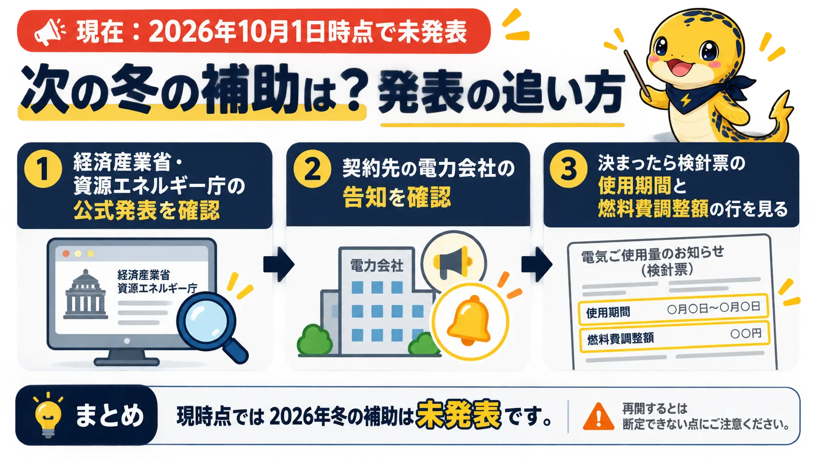 2026-27年冬の補助は未発表で、発表を公式サイトと電力会社の告知で確認し、決まったら明細を見るという流れ