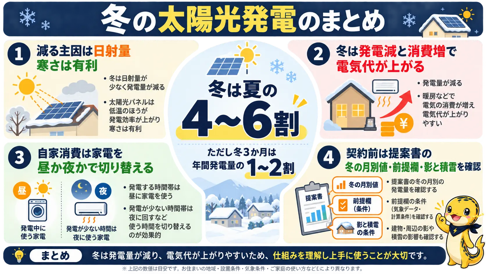 冬の発電量は夏の4〜6割に減るが年間では1〜2割で、理由と対策、契約前の確認点をまとめた要点図